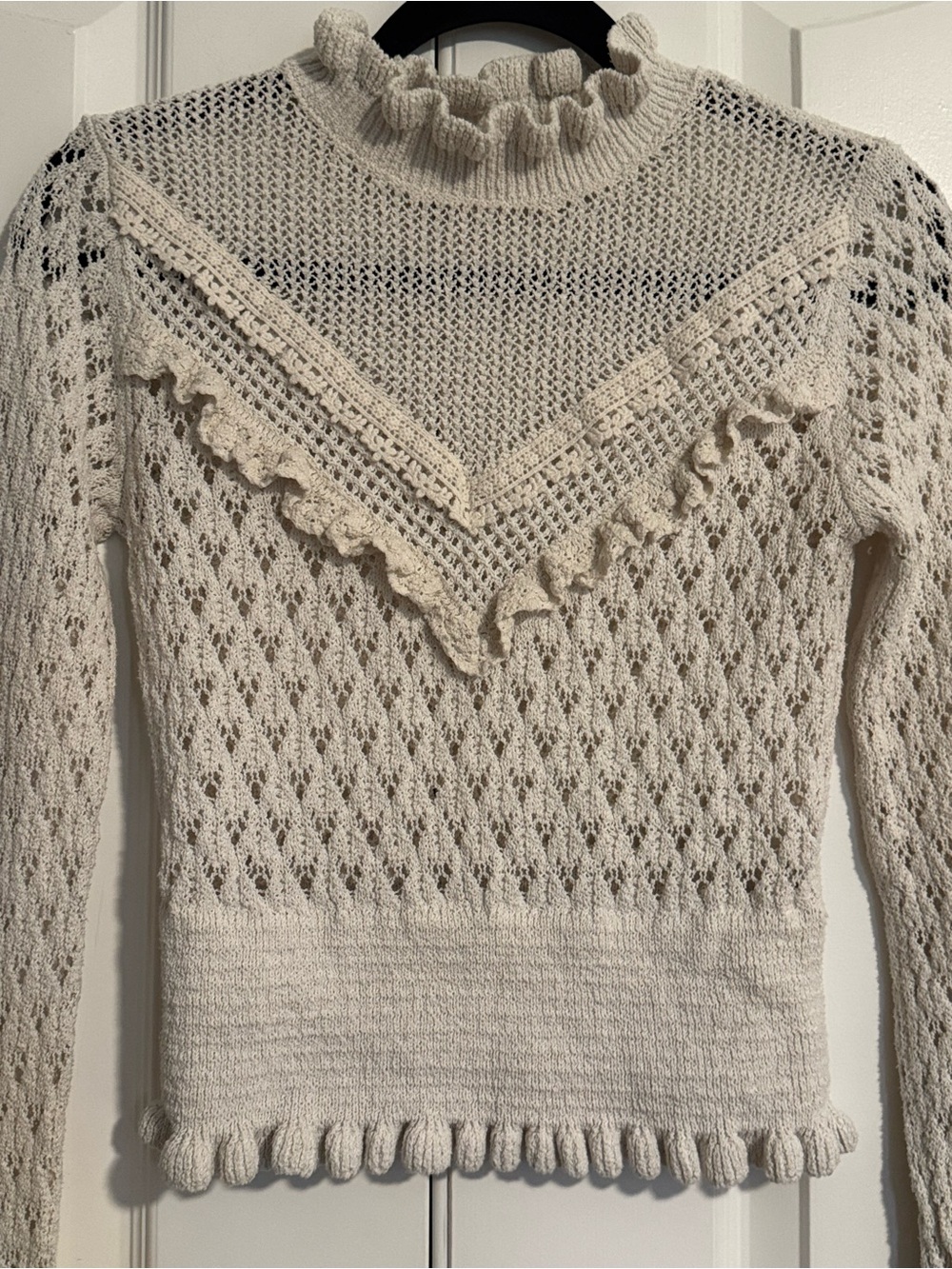 Zara Cream Ruffle Trim Openwork Knit Sweater - Picture 2 of 6